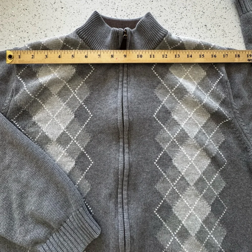 Cozy Men's Gray White Argyle Zip Up Long Sleeves‎ Sweater Cardigan Size Large